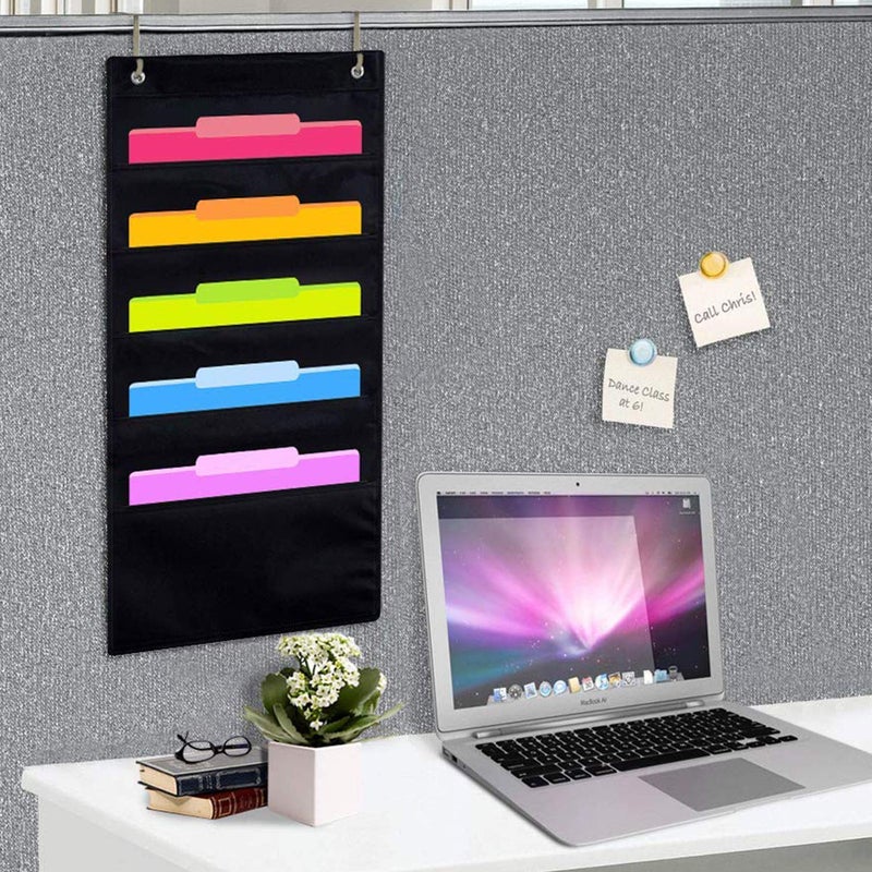 Pimuza Set of 2 Hanging File Holder Organizer Rack, 5 Pocket File Folders, Wall Mount, Tier Racks Hang Bedroom Desk Expanding Fabric File, Board Business Card, Bathroom Hair Tool, Home Decor Shelf Black - Image 5